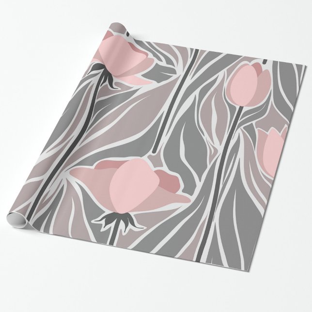 Papel de ajuste de patrón abstracto de flores (A floral pattern with soft pink tulips against a muted gray background!)