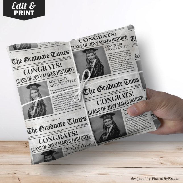 Papel de ajuste de periódico de graduación editabl (Custom Graduation Newspaper Wrap, Graduation News Wrapping Paper)