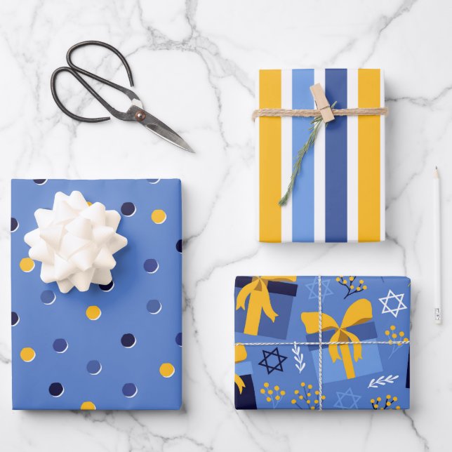 Papel de ajuste de regalo del patrón Hanukkah (Anverso)