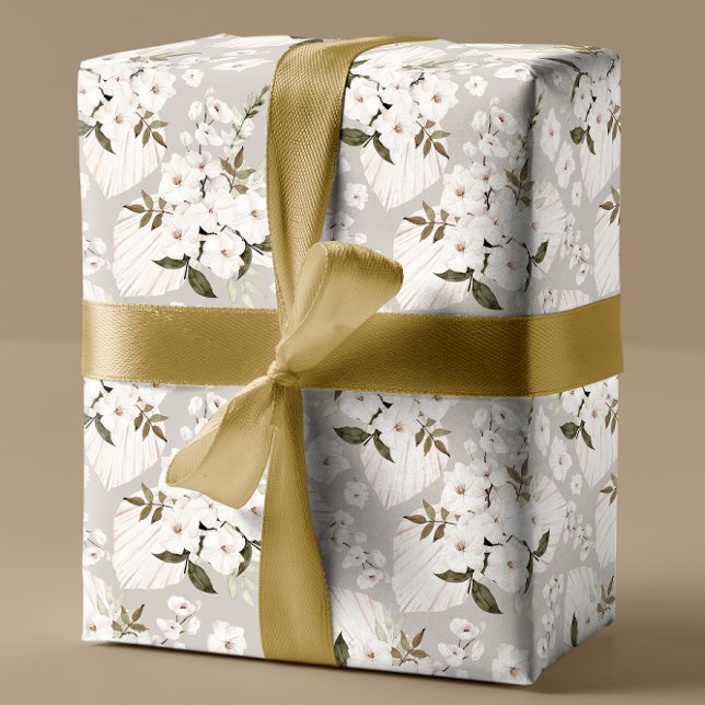 Papel de ajuste de regalo floral blanco neutro (Elegant boho gift wrap paper)