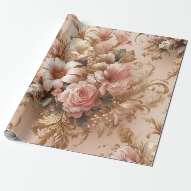 Papel de ajuste de regalo floral, Rubor Pink Gold  (Desenrollado)