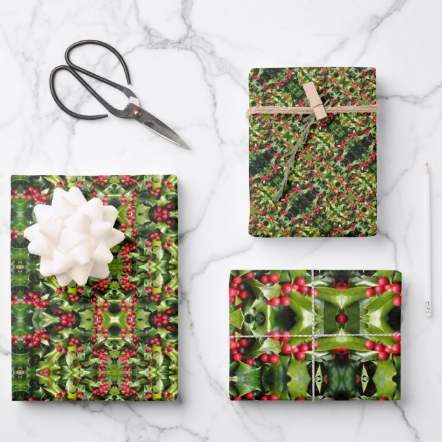 Papel de ajuste de regalo Holly Berries (Anverso)