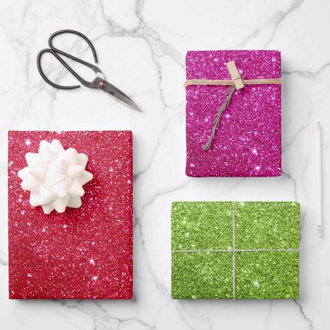 Papel de ajuste de regalo: Purpurina rojo, rosa y  (Anverso)