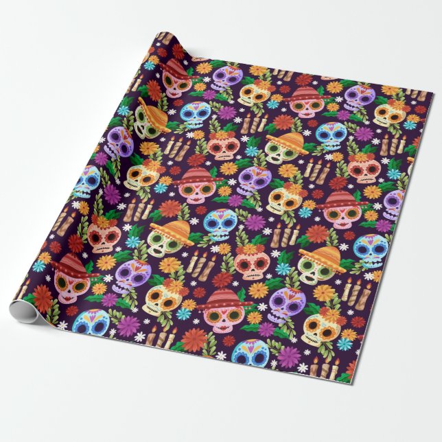 Papel de ajuste del patrón Dia de los Muertos (Desenrollado)