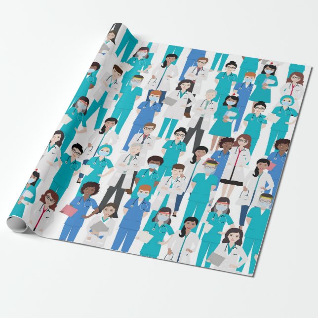 Papel de ajuste del personal médico blanco azul (Desenrollado)