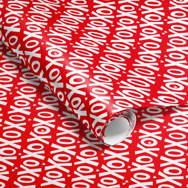 Papel de ajuste El día de San Valentín XOXO (red and white XOXO patterned Valentine's Day gift wrap roll with tiny heart detail)
