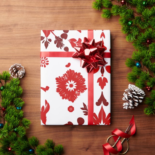 Papel de ajuste elegante de simetría floral roja (Regalo de vacaciones)