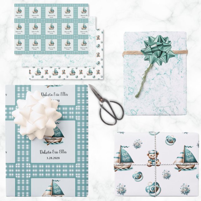 Papel de ajuste náutico "Oh, bebé" 3 estilos ("Oh. Baby" Customized Wrapping Paper in a Nautical Blue Theme for Baby Shower or New Baby Gift)