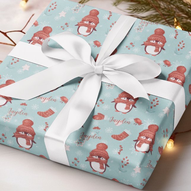 Papel de ajuste personalizado con nombre pingüino  (Cute Penguin Name Personalized Wrapping Paper
)