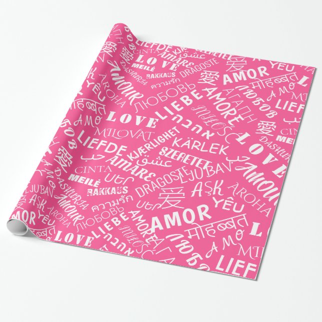 Papel de ajuste rosa con texto de amor multilingüe (Desenrollado)