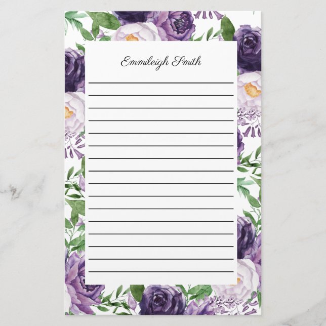 Papel de carta con flores de peonías lavanda púrpu (Anverso)