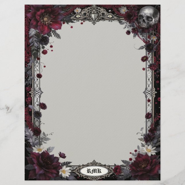 Papel de carta con flores rojas y blancas y calave (Anverso)