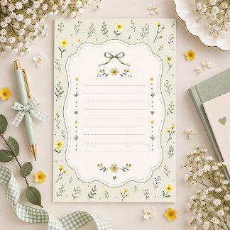 Papel de carta con lazo verde salvia minimalista y