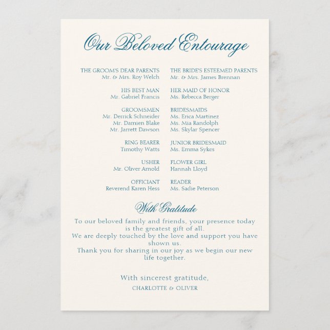 Papel de carta de programa de boda azul polvorient (Reverso)