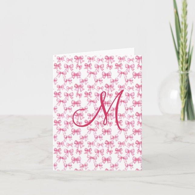 Papel de carta estético con lazo rosa y monograma  (Anverso)