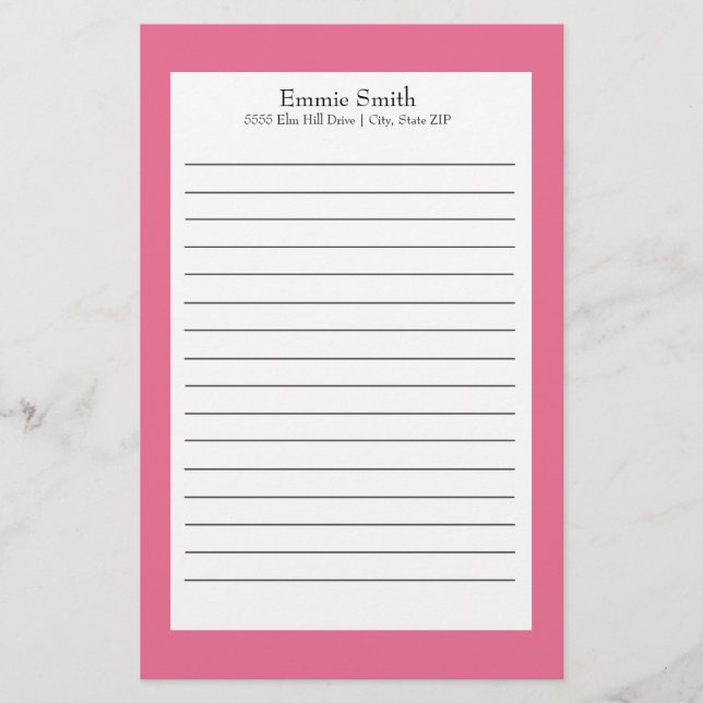 Papel de carta personalizado rosa y blanco con lín (Anverso)