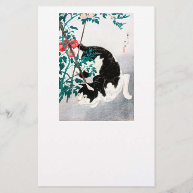 PAPEL DE CARTAS: WOODBLOCK JAPONÉS: Gato con tomat (Anverso)