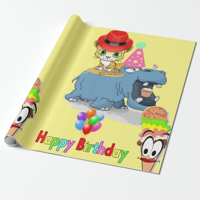 Papel de cumpleaños feliz Hippopótamo Kitten (Desenrollado)