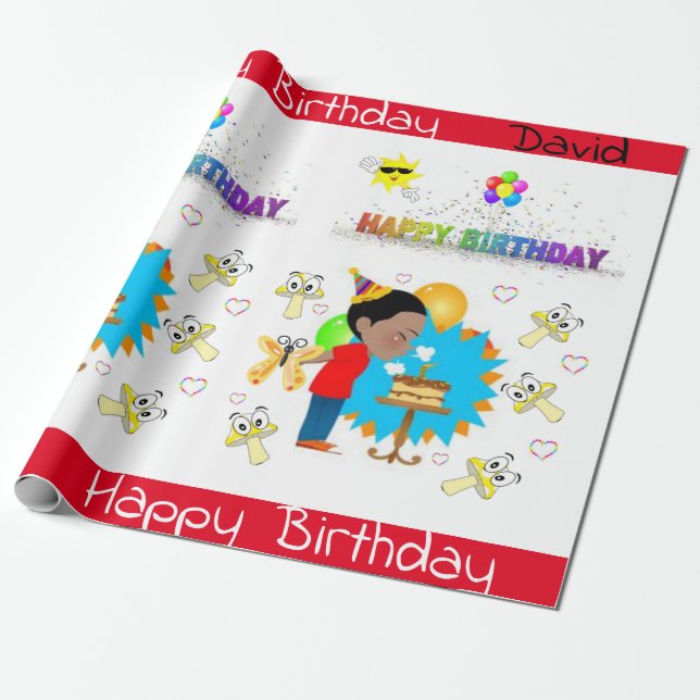 Papel de cumpleaños feliz hongo hongo niño african (Desenrollado)