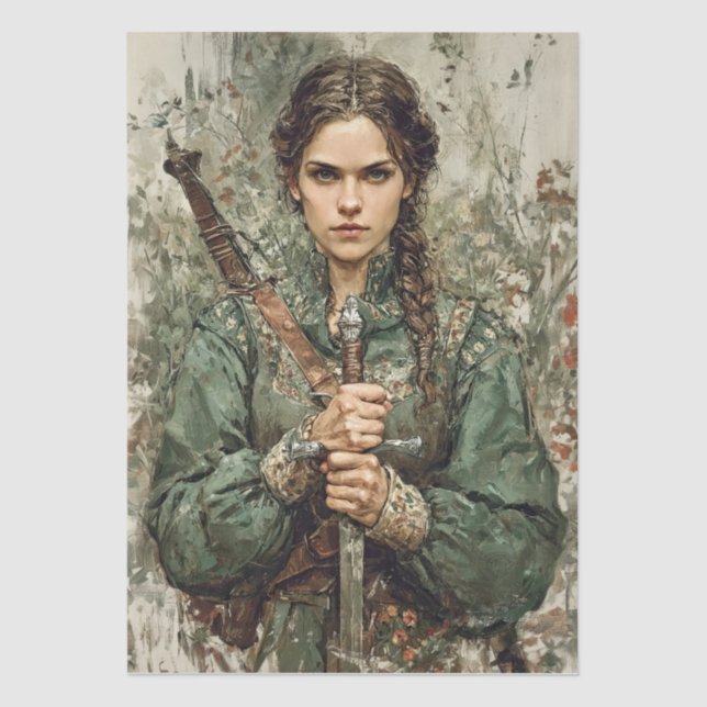 Papel de desconfianza de la mujer guerrera medieva (Anverso)