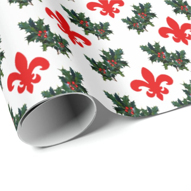 Papel de embalaje de la flor de lis y del acebo (Esquina del rollo)