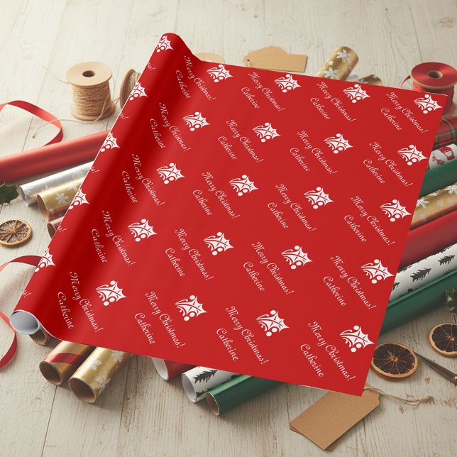 Papel de embalaje de las Felices Navidad con (Red Christmas wrapping paper with holly leafs pattern)