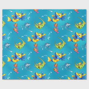Papel de embalaje lindo de los pescados del dibujo