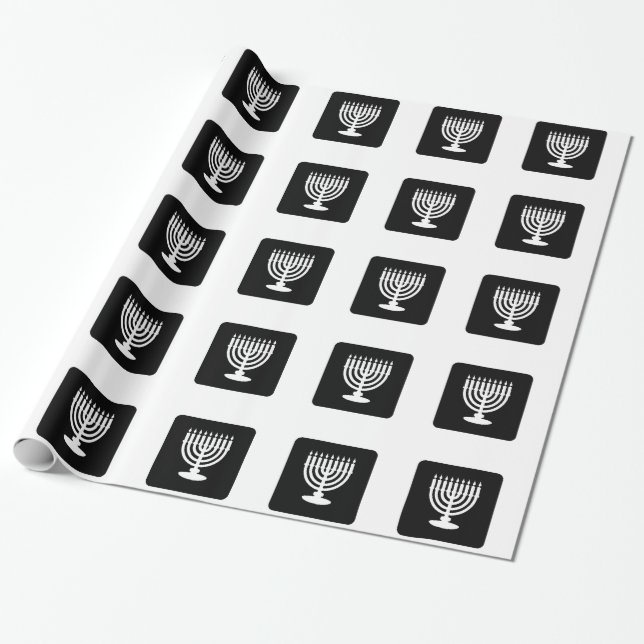 Papel de embalaje negro y blanco de Menorah Jánuca (Desenrollado)