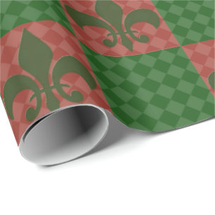 Papel de embalaje verde y rojo de la flor de lis