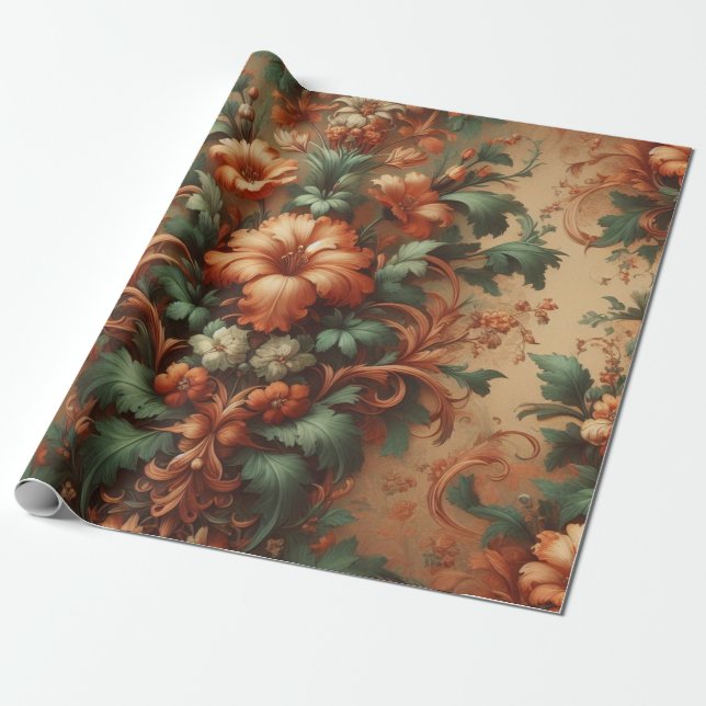 Papel de envasado - Flor verde crema Naranja moss (Desenrollado)