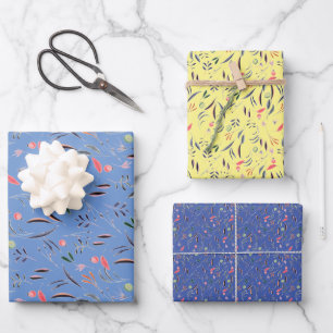 Papel de envoltura amarillo azul patrón botánico