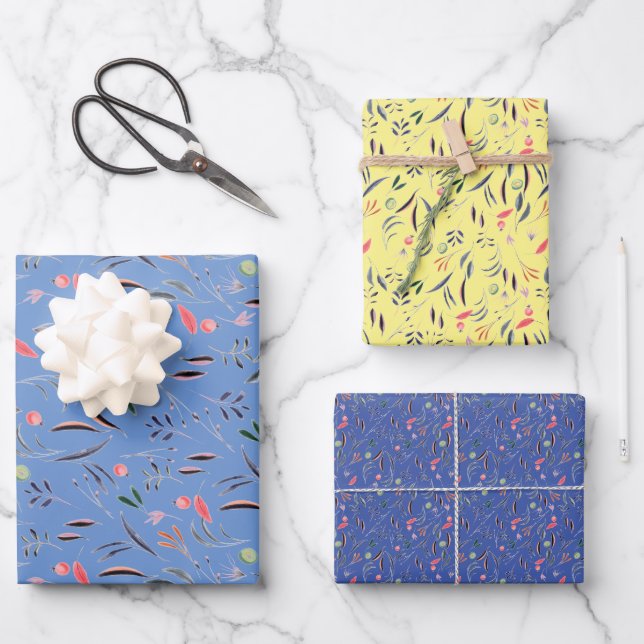 Papel de envoltura amarillo azul patrón botánico (Anverso)