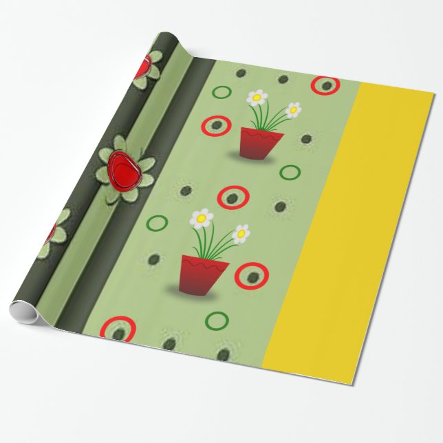 papel de envoltura amarillo verde olla de flor roj (Desenrollado)