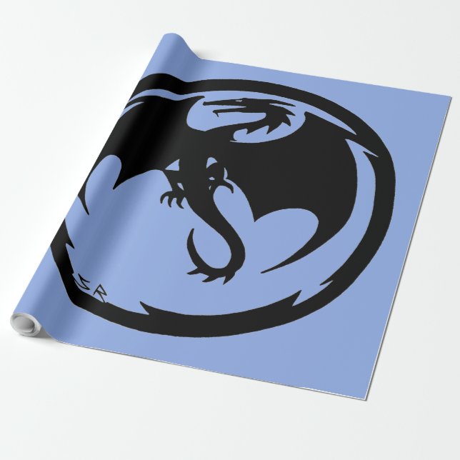 Papel de envoltura brillante azul Dragon negro gra (Desenrollado)
