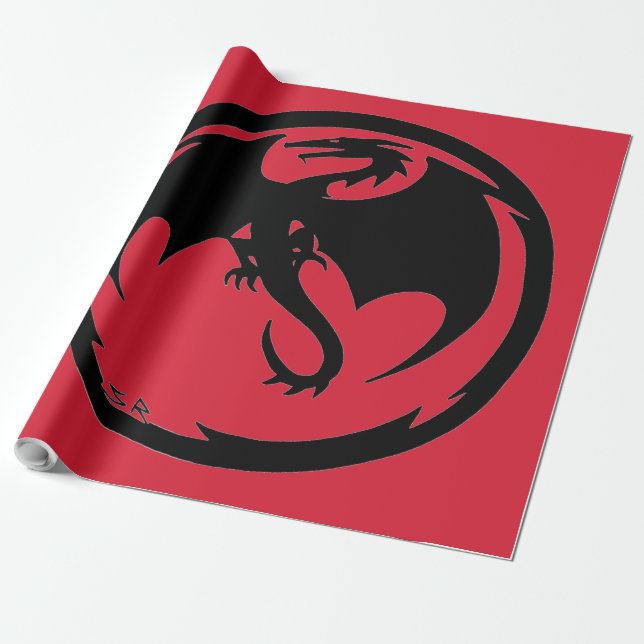 Papel de envoltura brillante rojo Dragón negro gra (Desenrollado)