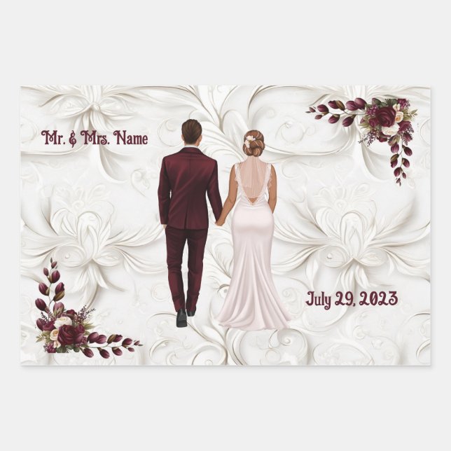 Papel de envoltura de boda blanco y de Borgoña (Anverso)