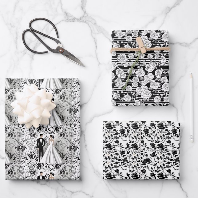 Papel de envoltura de boda blanco y negro (Anverso)