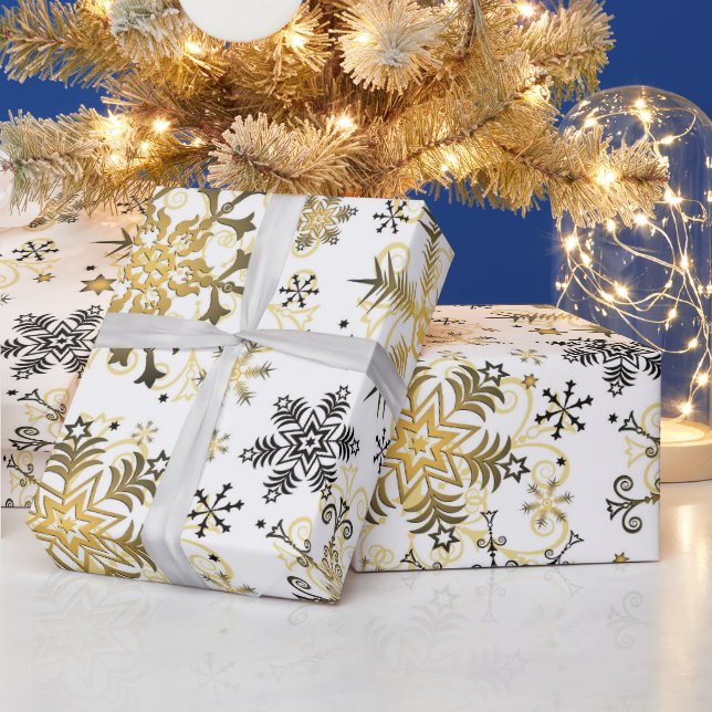 Papel de envoltura de copos de nieve con dorado (Vacaciones)