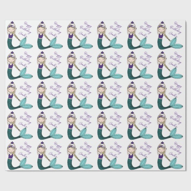 Papel de envoltura de cumpleaños de sirena, chica  (Superficie plana)
