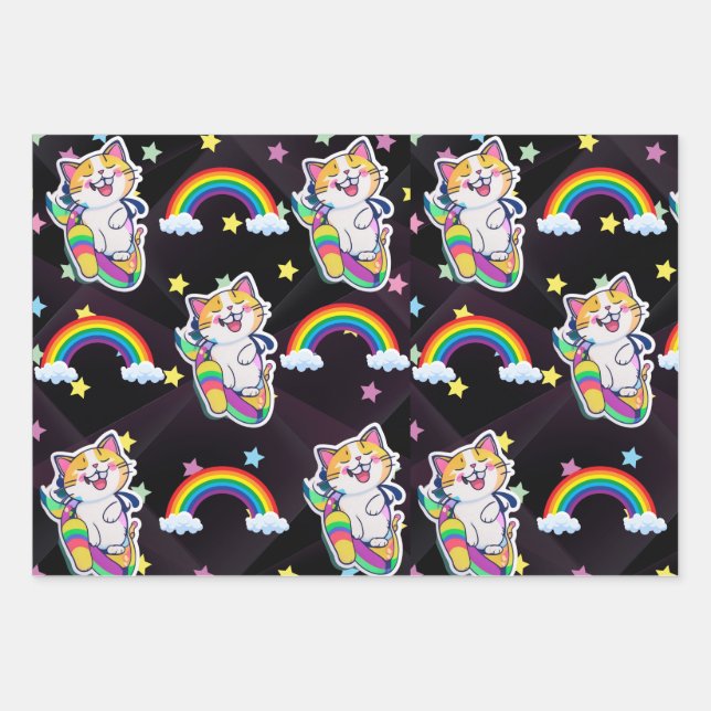 Papel de envoltura de gatito lindo Arcoiris y colo (Anverso)
