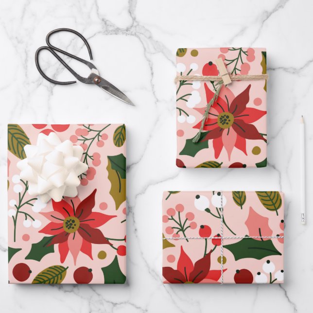 Papel de envoltura de invierno de Poinsettia (Anverso)