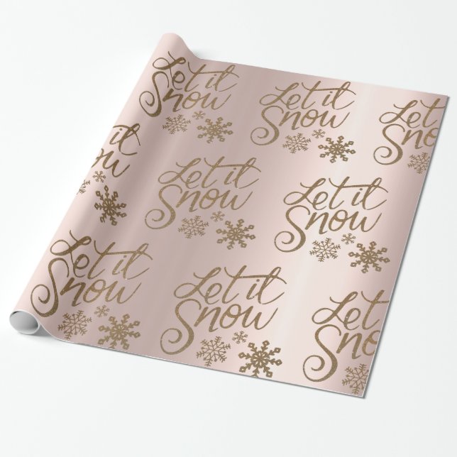 Papel de envoltura de rosa dorado y copos de nieve (Desenrollado)
