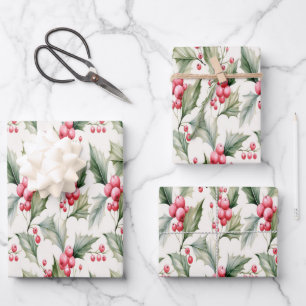 Papel de envoltura festivo de Holly y berries