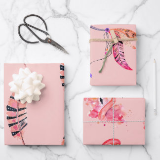 Papel de envoltura Flamingo & plumas de 3