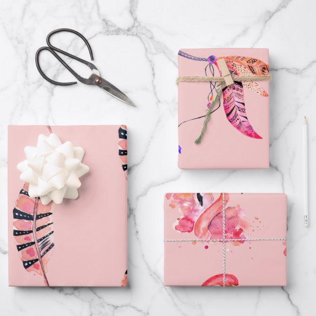 Papel de envoltura Flamingo & plumas de 3 (Anverso)