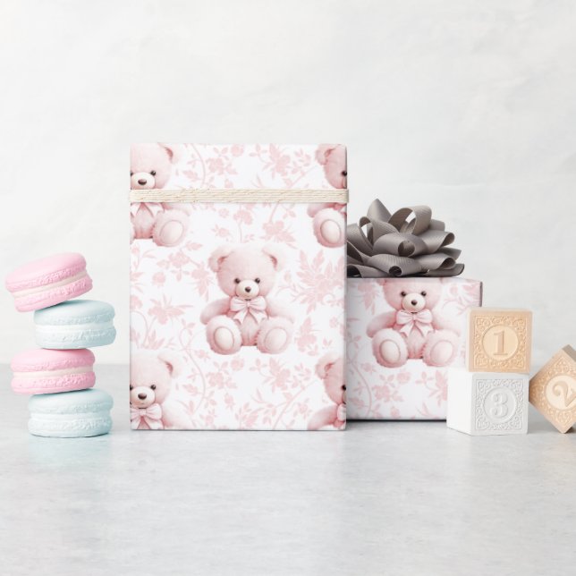 Papel de envoltura floral de osito de peluche rosa (Baby Shower)