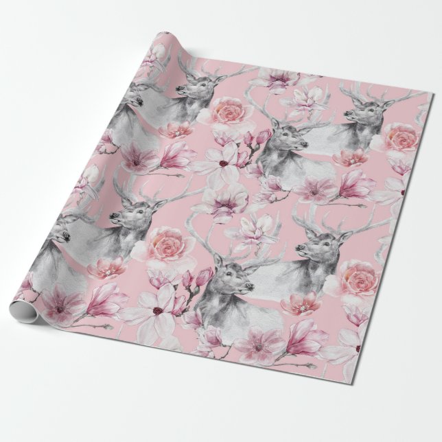 Papel de envoltura floral de peonías rosadas grise (Desenrollado)