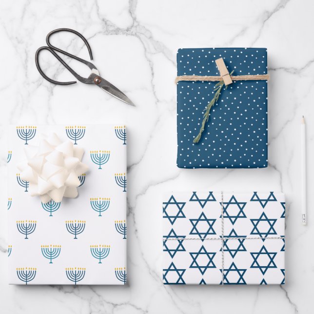 Papel de envoltura Hanukkah moderno - marina (Anverso)