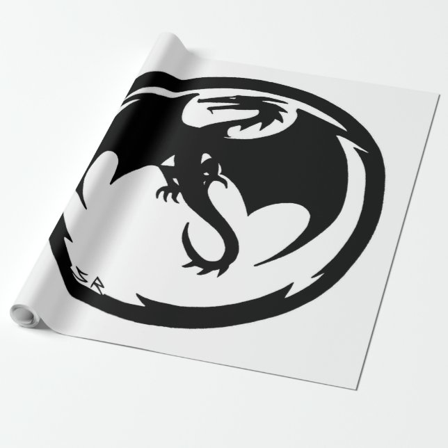 Papel de envoltura mate blanco Dragón negro grande (Desenrollado)
