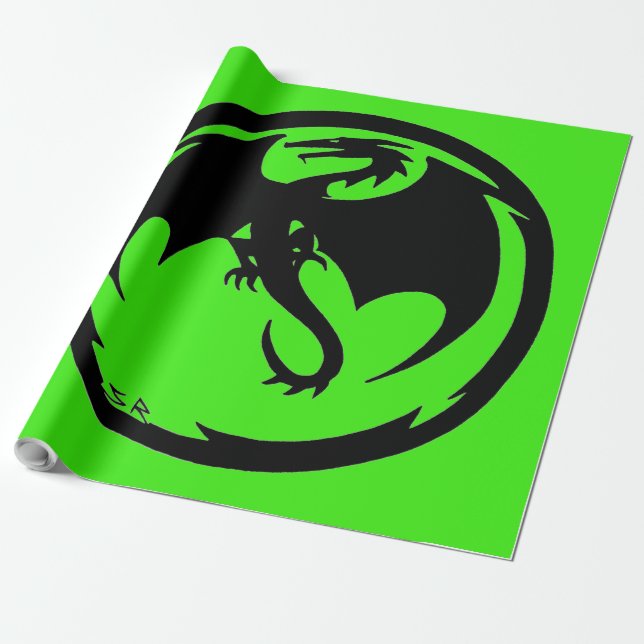 Papel de envoltura mate verde dragón negro grande (Desenrollado)